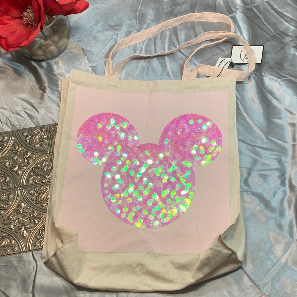 🌹New Disney • Canvas LARGE Lightweight Tote with Pink Accents Sequins! Cute!